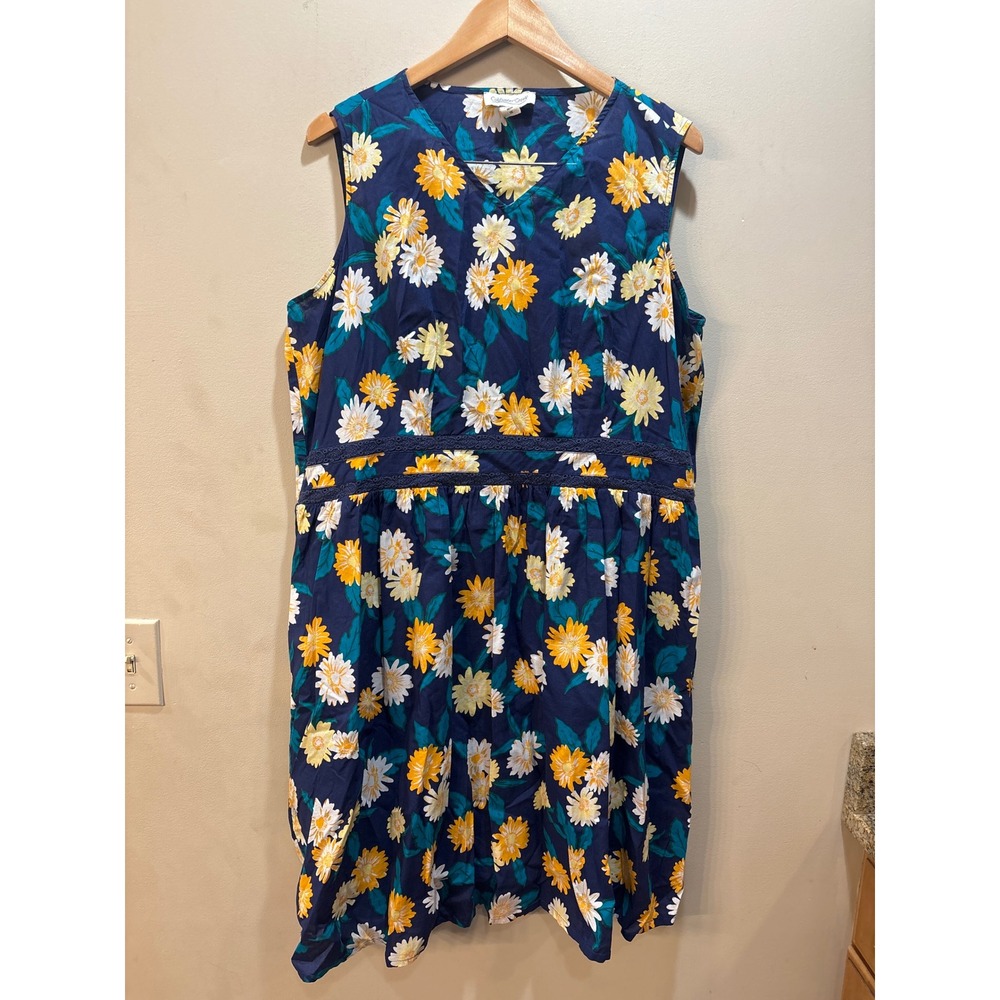 Coldwater Creek Navy Daisy Floral Sleeveless Midi Dress Plus 1X Smocked Back